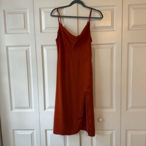 Womens S Y2K dark orange silk midi dress with a slit: formal evening going out